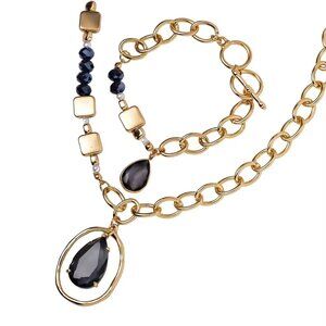 Grey and Blue  Glass, Simulated Resin Pearl Necklace and bracelet set